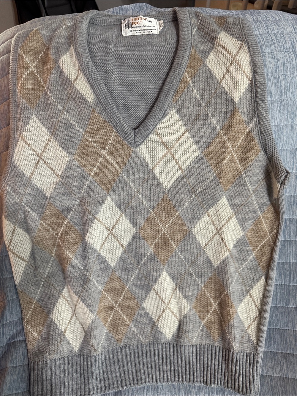 London Fog Gray, Tan & Cream Argyle V-Neck Sweater Vest